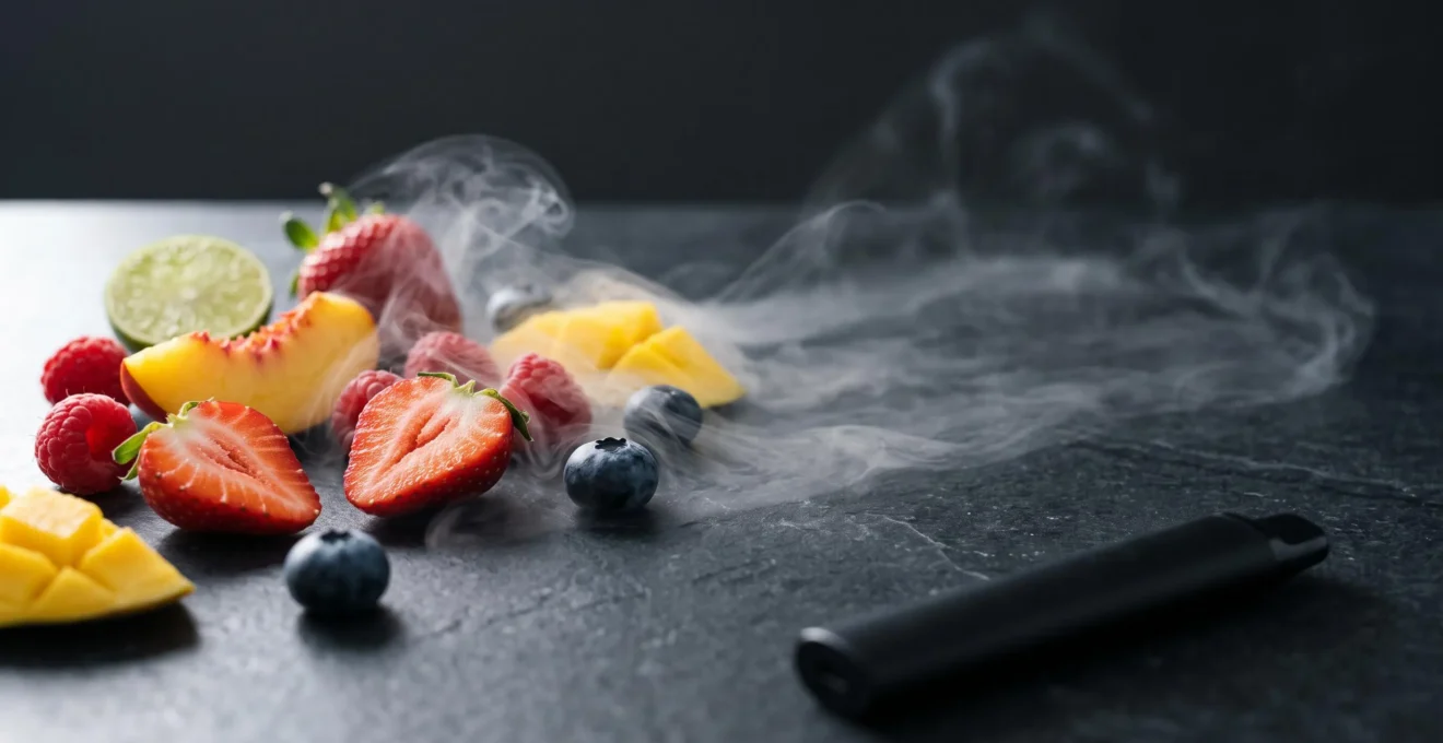 Composition éditoriale de fruits frais entourés de volutes de vapeur, symbolisant la diversité des arômes fruités en vape