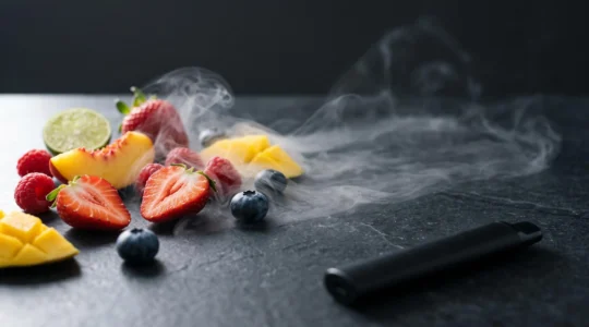 Composition éditoriale de fruits frais entourés de volutes de vapeur, symbolisant la diversité des arômes fruités en vape