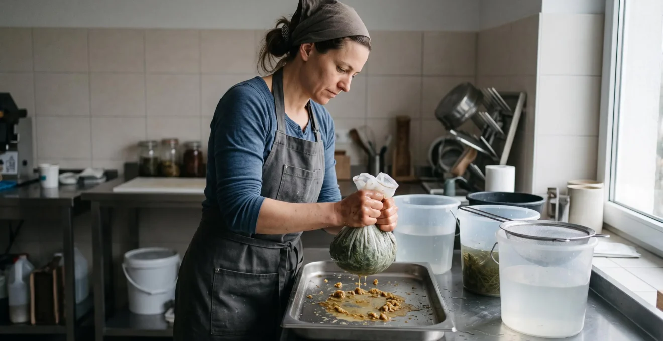 Un artisan presse des têtes de chanvre lavées à l'eau glacée dans un sachet en mesh au-dessus d'un plateau métallique, dans un atelier.