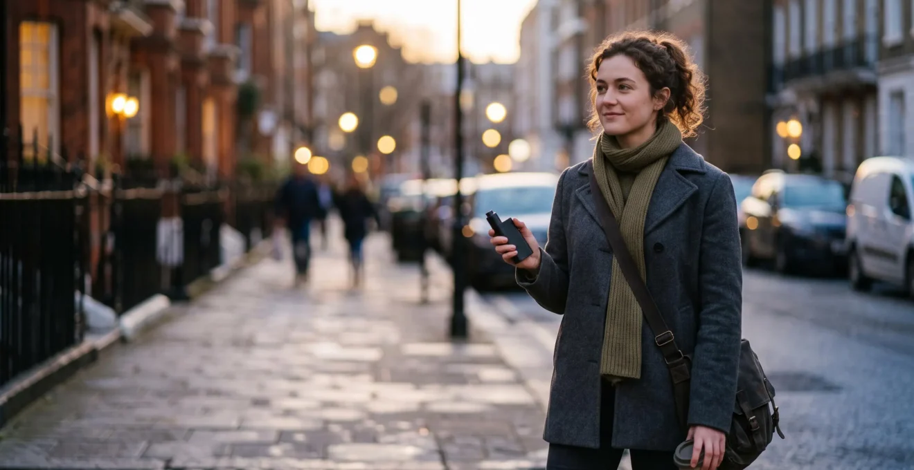 Vapoteur tenant une cigarette électronique compacte au crépuscule, symbole d'une autonomie de batterie qui dure toute la journée