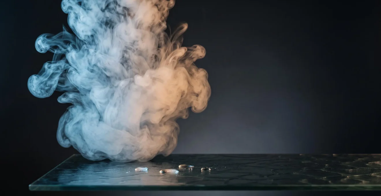 Nuage de vapeur traversé par une lumière froide évoquant la calibration d'une fraîcheur mentholée