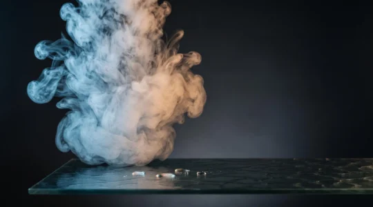 Nuage de vapeur traversé par une lumière froide évoquant la calibration d'une fraîcheur mentholée