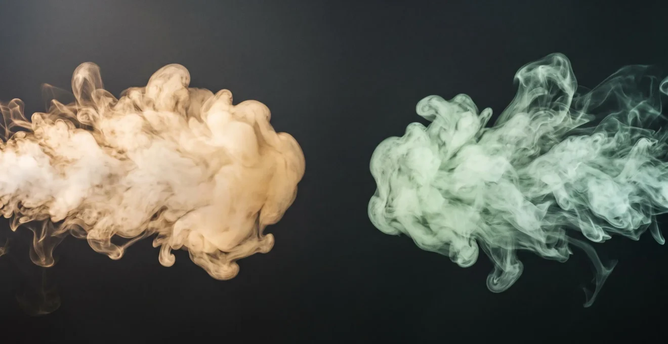 Deux nuages de vapeur suspendus dans l'air évoquant respectivement un cappuccino crémeux et un mojito frais, sans aucun objet réel
