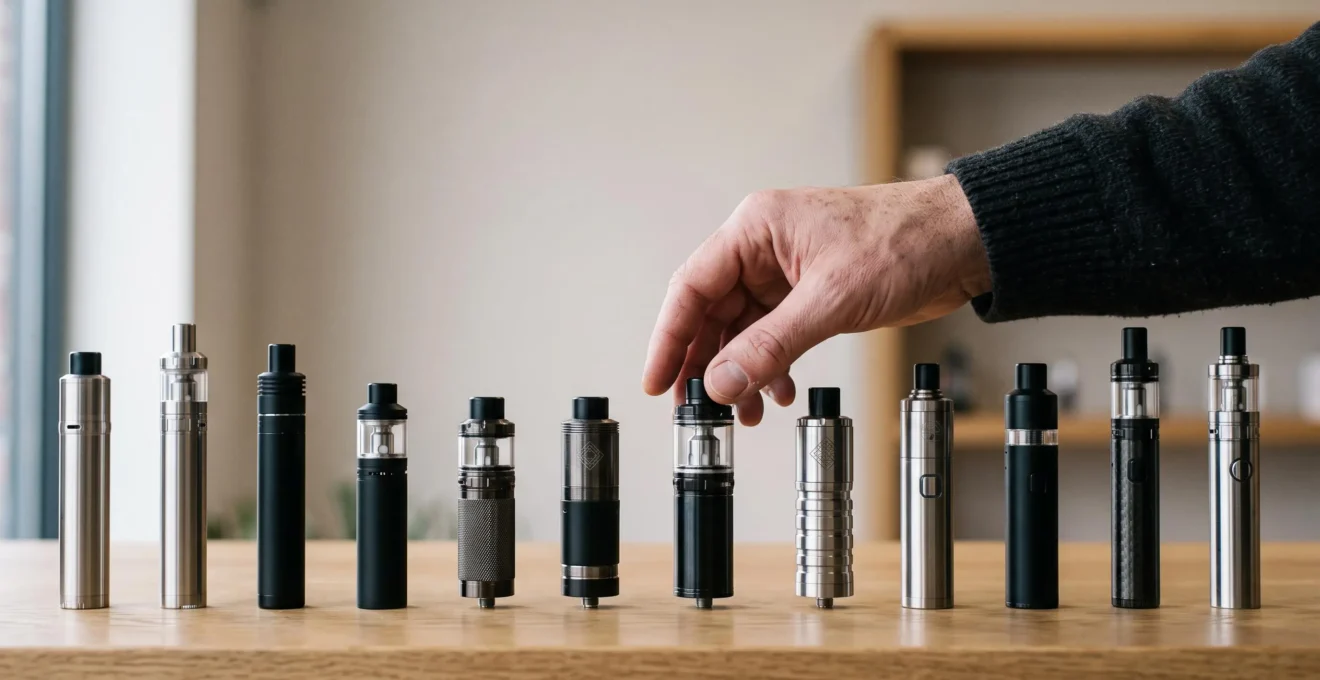 Vapoteur choisissant avec attention un clearomiseur parmi plusieurs modèles alignés sur un présentoir épuré