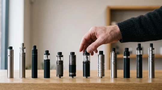 Vapoteur choisissant avec attention un clearomiseur parmi plusieurs modèles alignés sur un présentoir épuré