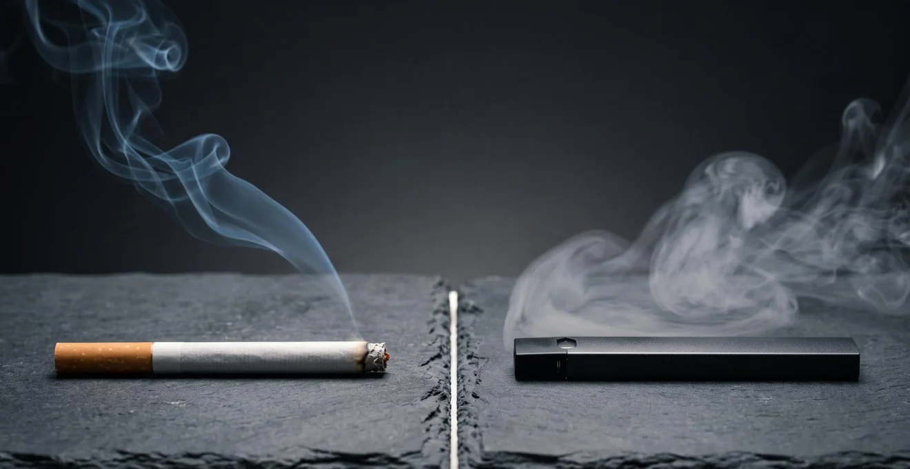 Une cigarette classique et une cigarette electronique posees cote a cote sur une surface sombre, symbolisant le choix entre tabac et vapotage