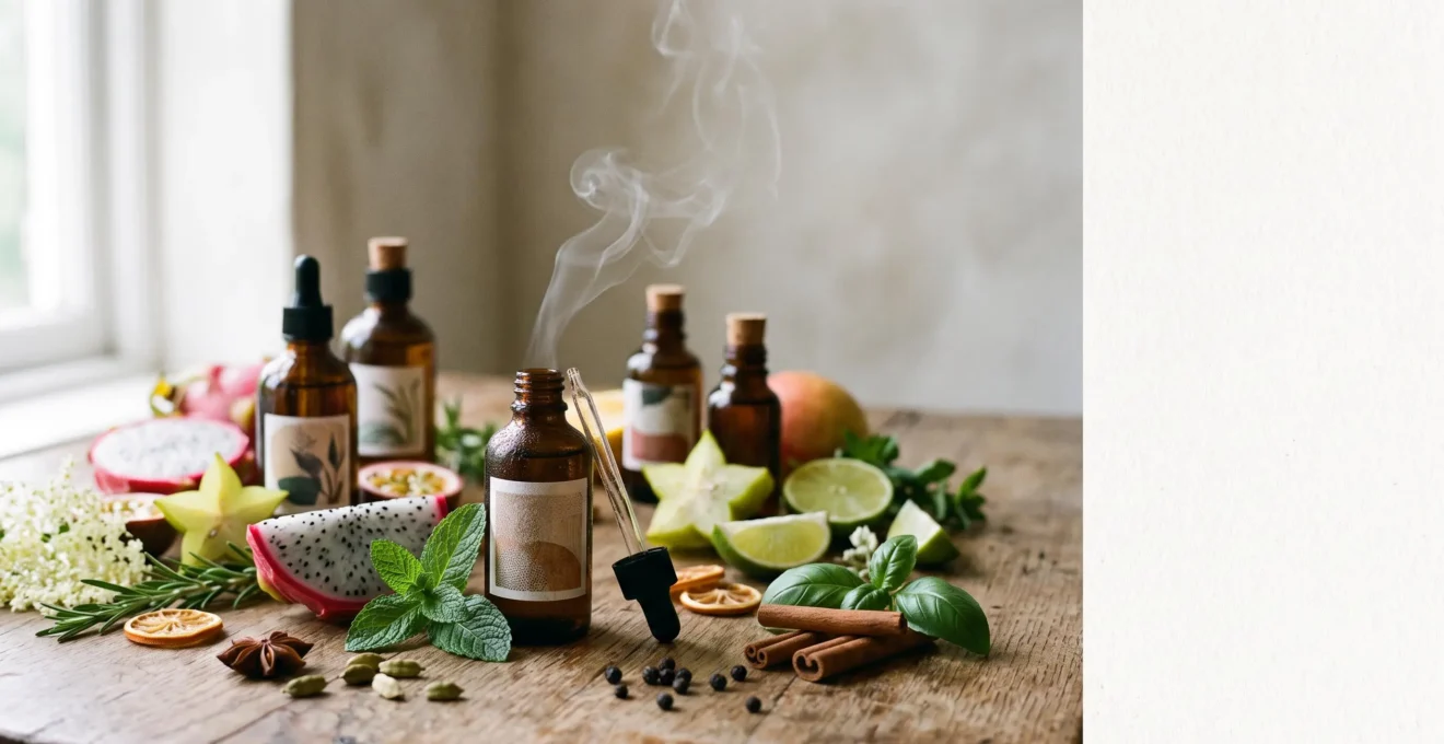 Composition éditoriale de flacons d'arômes et d'ingrédients naturels illustrant les innovations aromatiques du vapotage en 2025