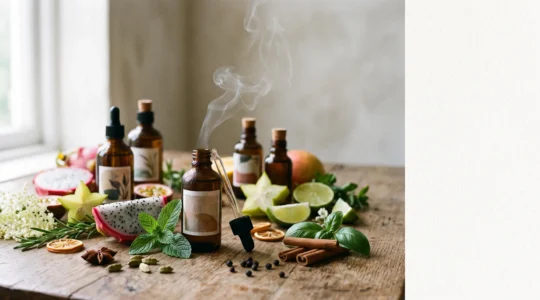 Composition éditoriale de flacons d'arômes et d'ingrédients naturels illustrant les innovations aromatiques du vapotage en 2025