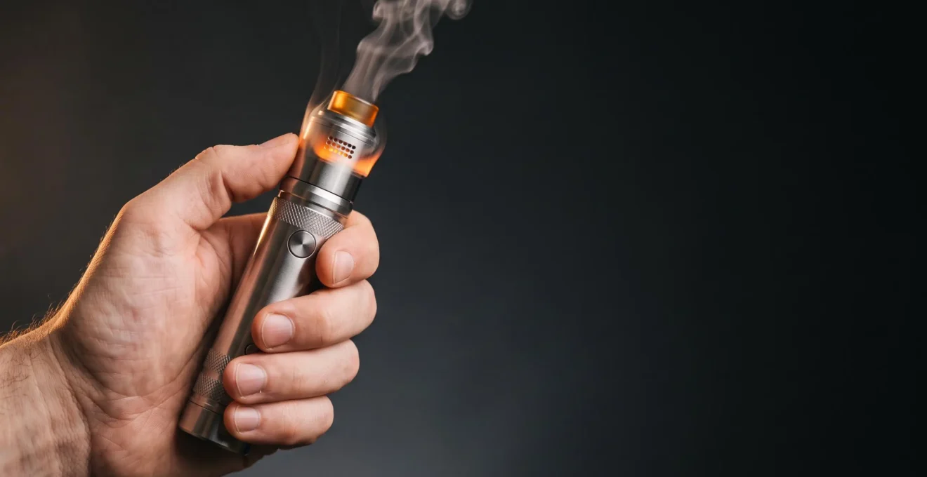 Vapoteur tenant une box mod avec atomiseur reconstructible, ambiance chaleureuse évoquant la maîtrise de la chauffe