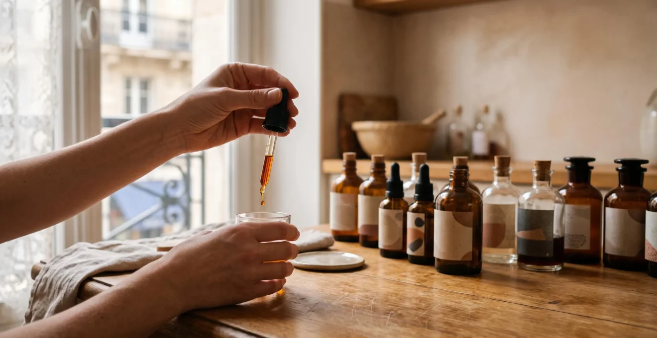 Mains d'une personne préparant avec précision un e-liquide maison dans un intérieur chaleureux et épuré.
