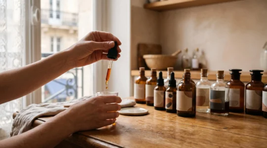 Mains d'une personne préparant avec précision un e-liquide maison dans un intérieur chaleureux et épuré.