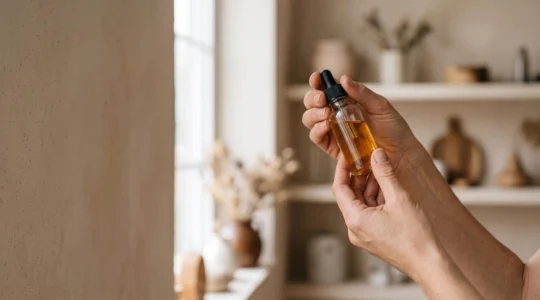 Gros plan sur des mains examinant attentivement un flacon d'e-liquide à la lumière naturelle pour en décrypter la composition
