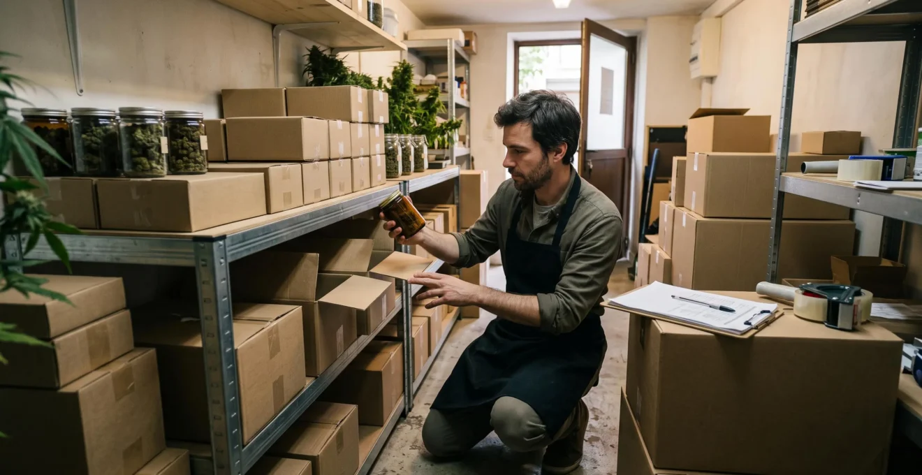 Un détaillant CBD compte des pots de produits stockés dans des cartons sur une étagère métallique dans sa réserve.