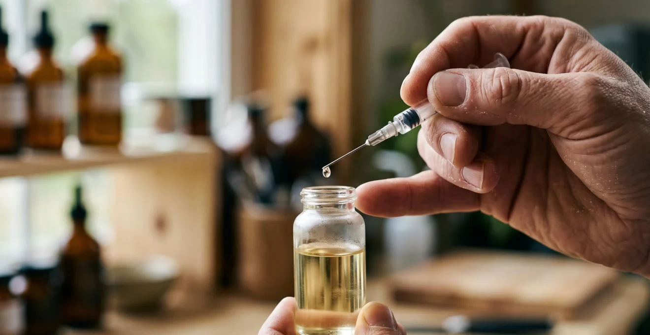 Main tenant une seringue de précision au-dessus d'un flacon de e-liquide transparent, illustrant le dosage minutieux d'un additif rafraîchissant