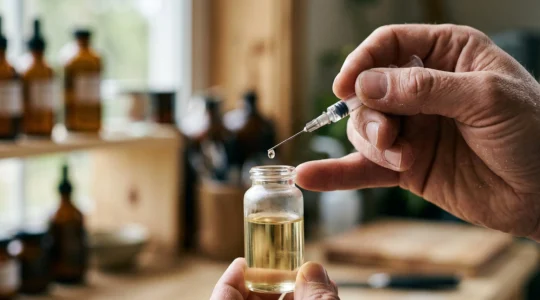 Main tenant une seringue de précision au-dessus d'un flacon de e-liquide transparent, illustrant le dosage minutieux d'un additif rafraîchissant