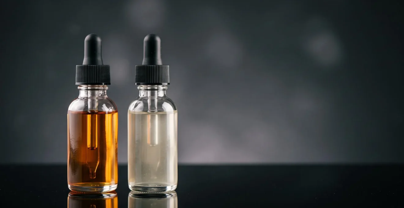 Deux flacons de concentre aromatique compares cote a cote sous une lumiere contrastee, l'un dore et lumineux, l'autre terne, symbolisant la difference entre un arome premium et un arome bas de gamme
