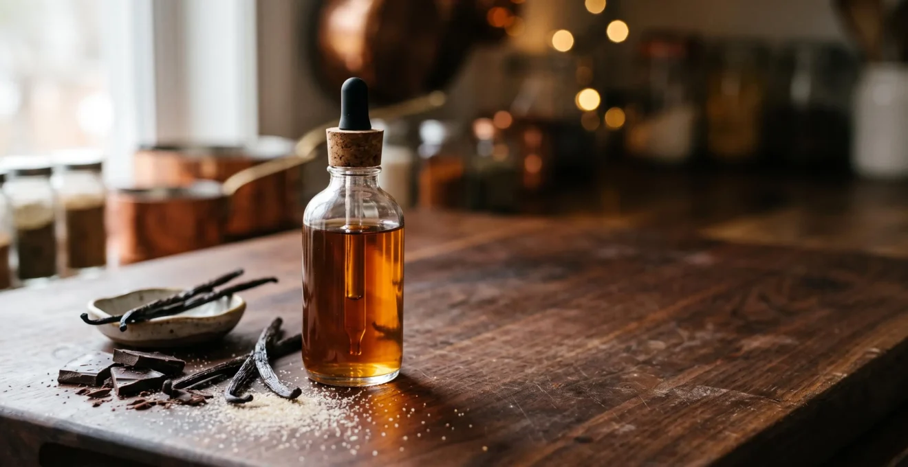 Flacon d'e-liquide gourmand premium mis en scène avec des éléments évoquant la pâtisserie artisanale et la parfumerie de luxe