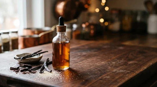 Flacon d'e-liquide gourmand premium mis en scène avec des éléments évoquant la pâtisserie artisanale et la parfumerie de luxe
