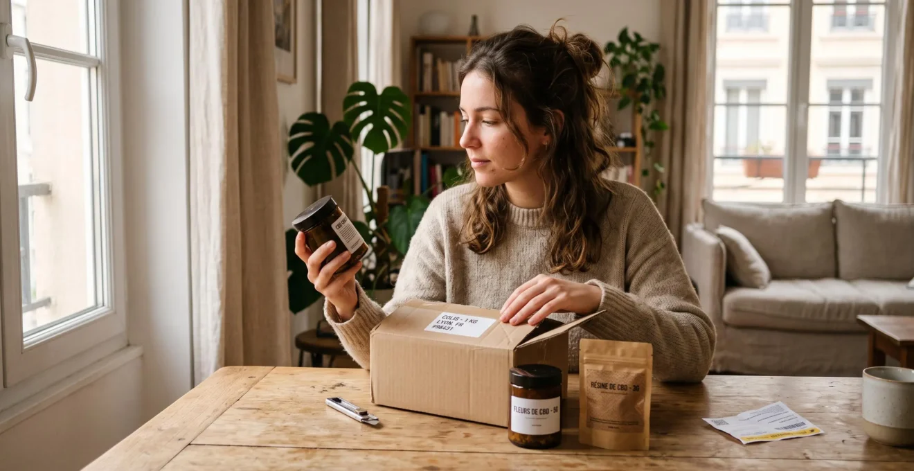 Une femme ouvre chez elle un colis livré contenant des produits CBD et examine un flacon en verre.