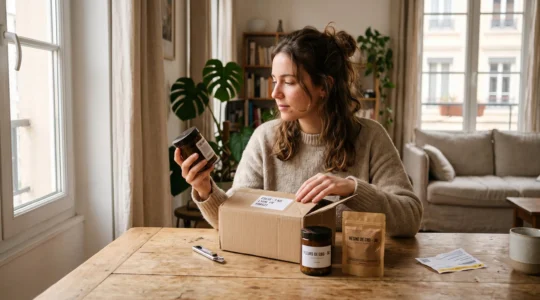 Une femme ouvre chez elle un colis livré contenant des produits CBD et examine un flacon en verre.