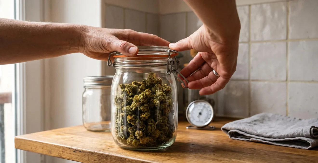Une personne ferme hermétiquement un bocal en verre rempli de fleurs de CBD sur une étagère en bois.