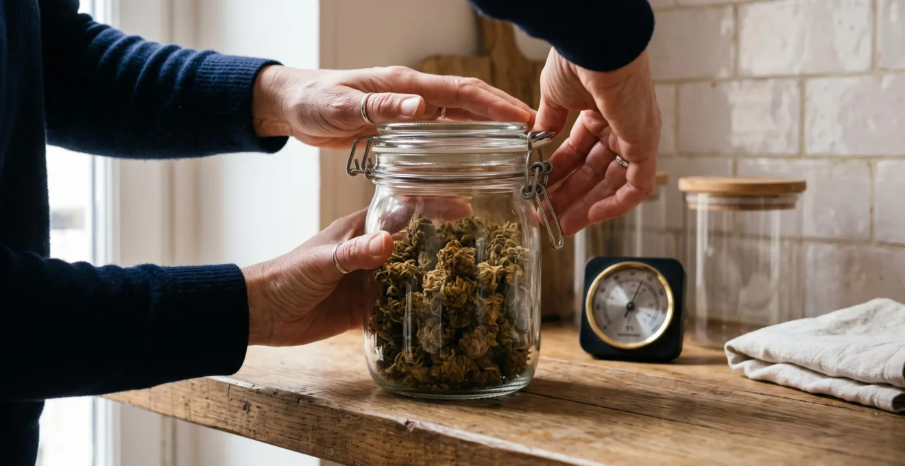 Une personne ferme hermétiquement un bocal en verre rempli de fleurs de CBD sur une étagère en bois.
