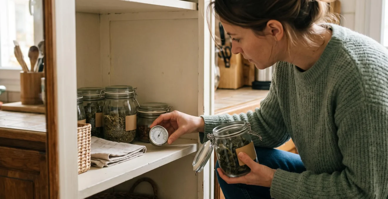 Une personne sort un bocal de fleurs de CBD d'un placard en bois et vérifie un petit hygromètre analogique posé sur l'étagère.