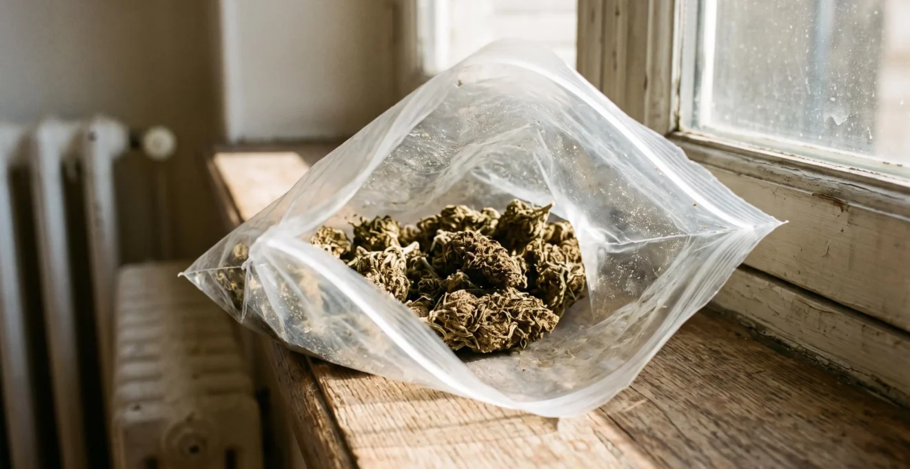 Un sachet en plastique ouvert contenant des fleurs de CBD desséchées est abandonné sur un rebord de fenêtre en plein soleil.