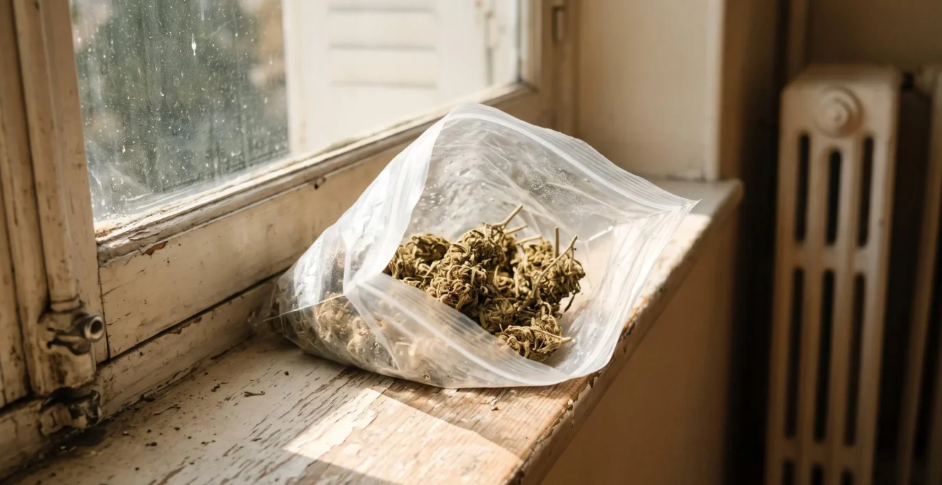 Un sachet en plastique ouvert contenant des fleurs de CBD desséchées est abandonné sur un rebord de fenêtre en plein soleil.