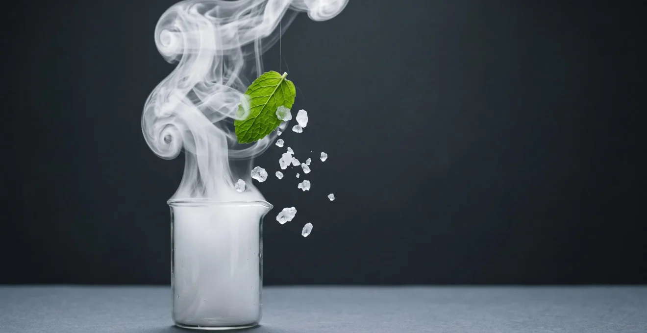 Volute de vapeur enroulée autour d'une feuille verte et de cristaux de givre, symbolisant une fraîcheur sans menthol