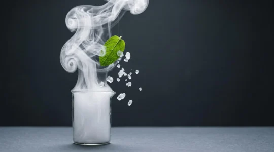 Volute de vapeur enroulée autour d'une feuille verte et de cristaux de givre, symbolisant une fraîcheur sans menthol