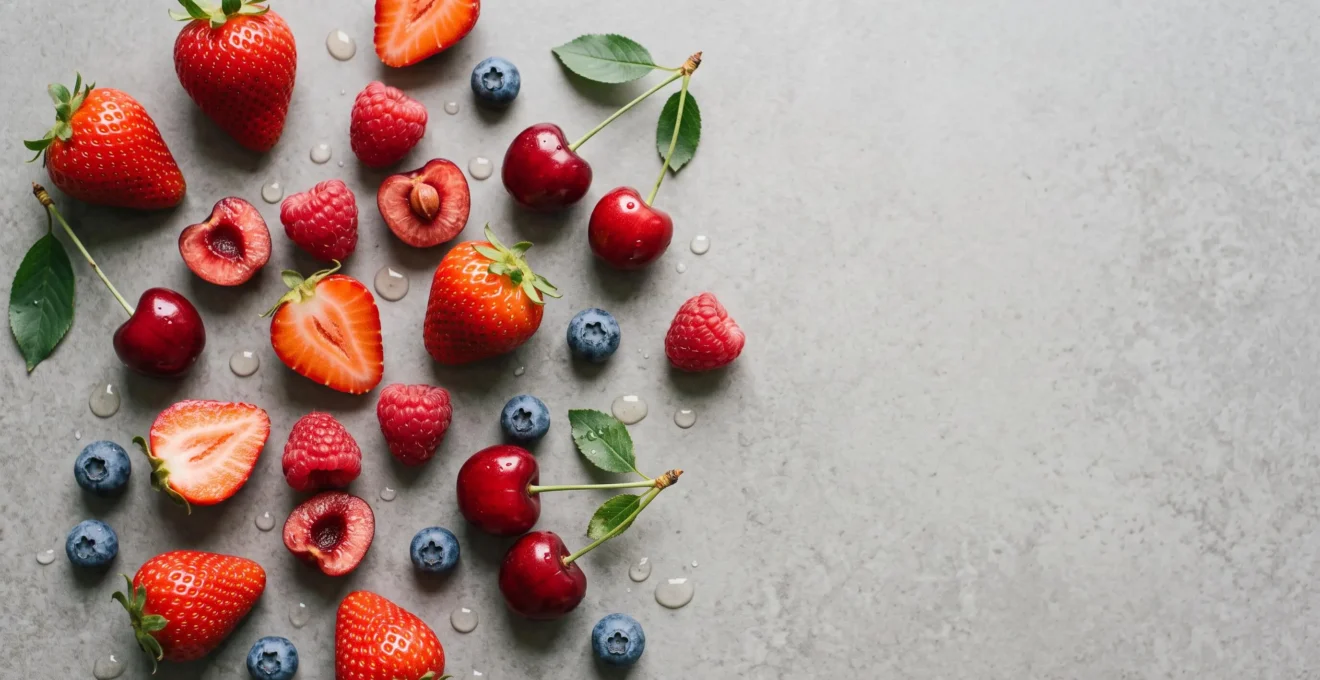 Composition élégante de fruits rouges frais et de gouttes d'e-liquide évoquant le choix entre fraise, framboise, cerise et myrtille en vapotage