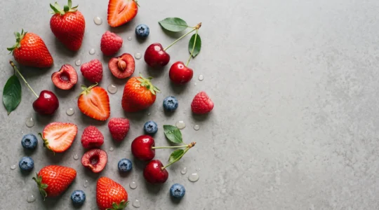 Composition élégante de fruits rouges frais et de gouttes d'e-liquide évoquant le choix entre fraise, framboise, cerise et myrtille en vapotage