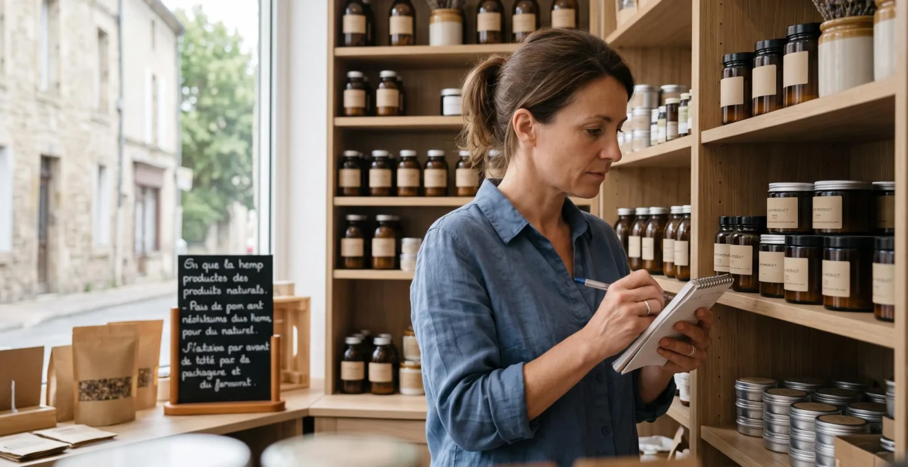 Une gérante de boutique CBD vérifie ses stocks sur une étagère derrière son comptoir en bois.