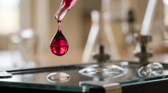 Gros plan artistique d'une goutte de liquide aromatique intensément colorée symbolisant l'amplification d'un arôme par un exhausteur de goût