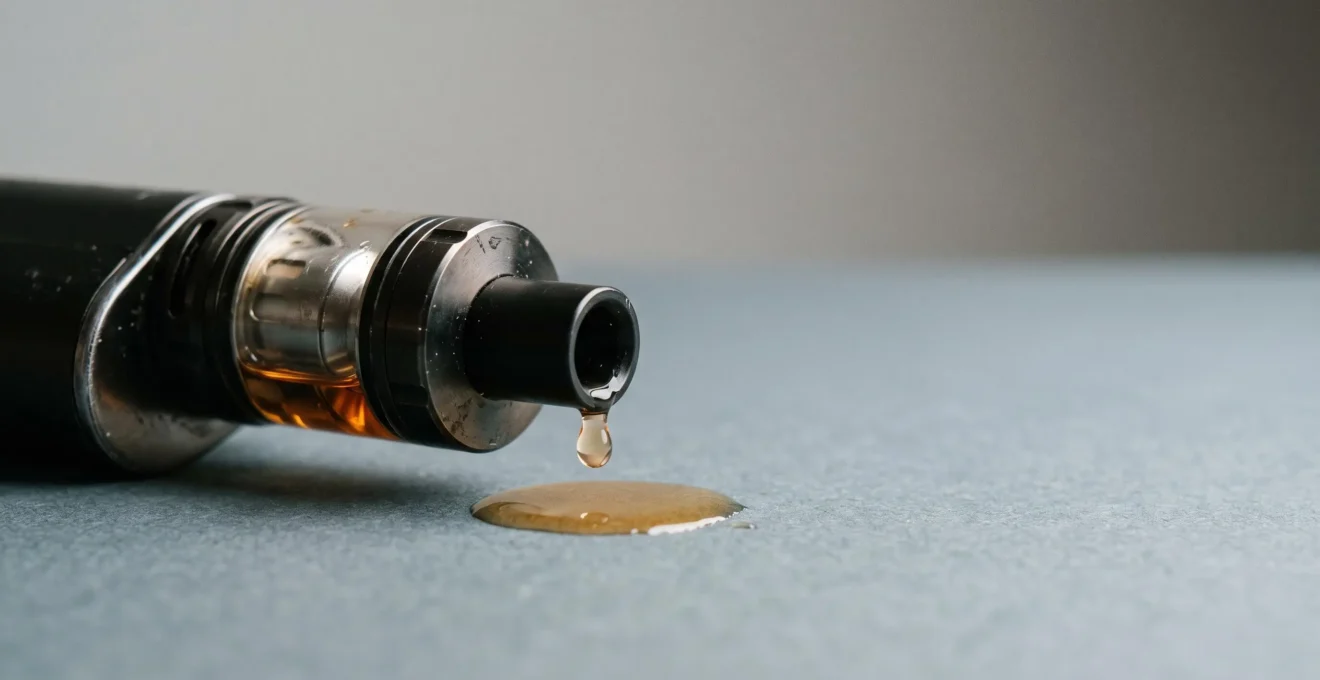 Clearomiseur incliné sur une surface épurée avec une goutte d'e-liquide qui s'échappe, symbolisant le gaspillage annuel de flacons