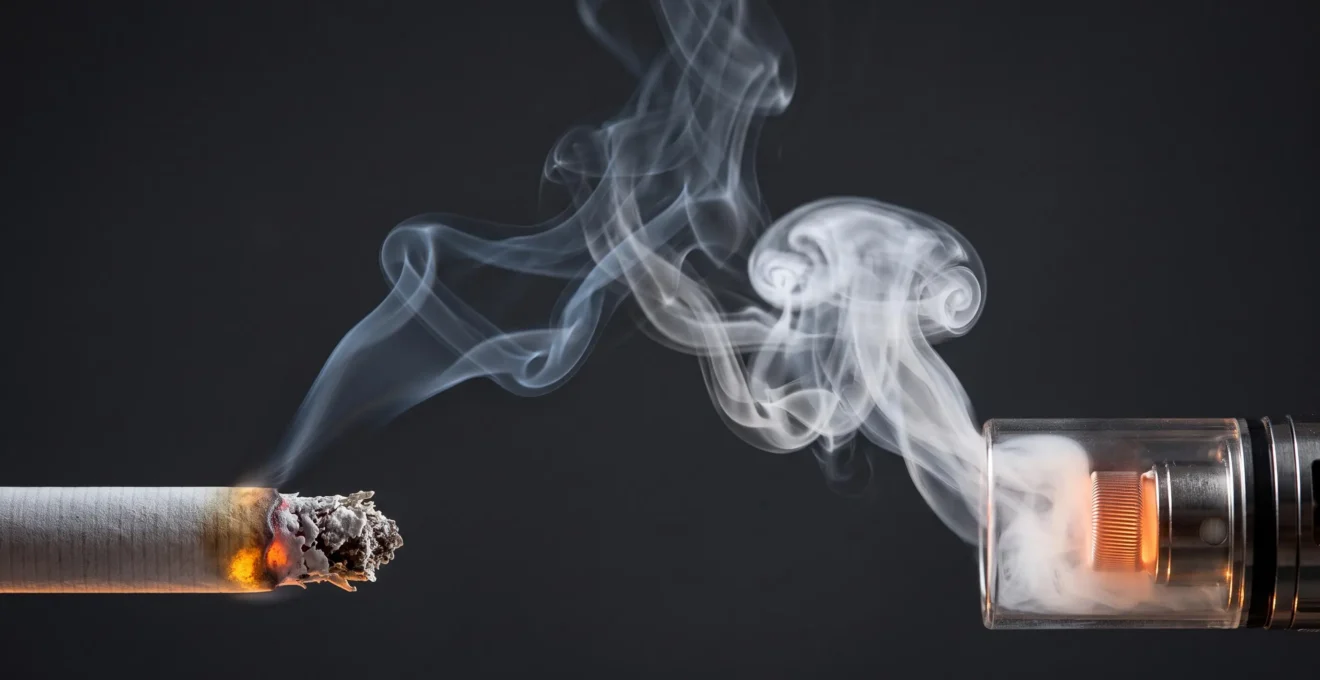 Braise d'une cigarette et bobine incandescente d'une cigarette électronique face à face, symbolisant la comparaison du coup en gorge