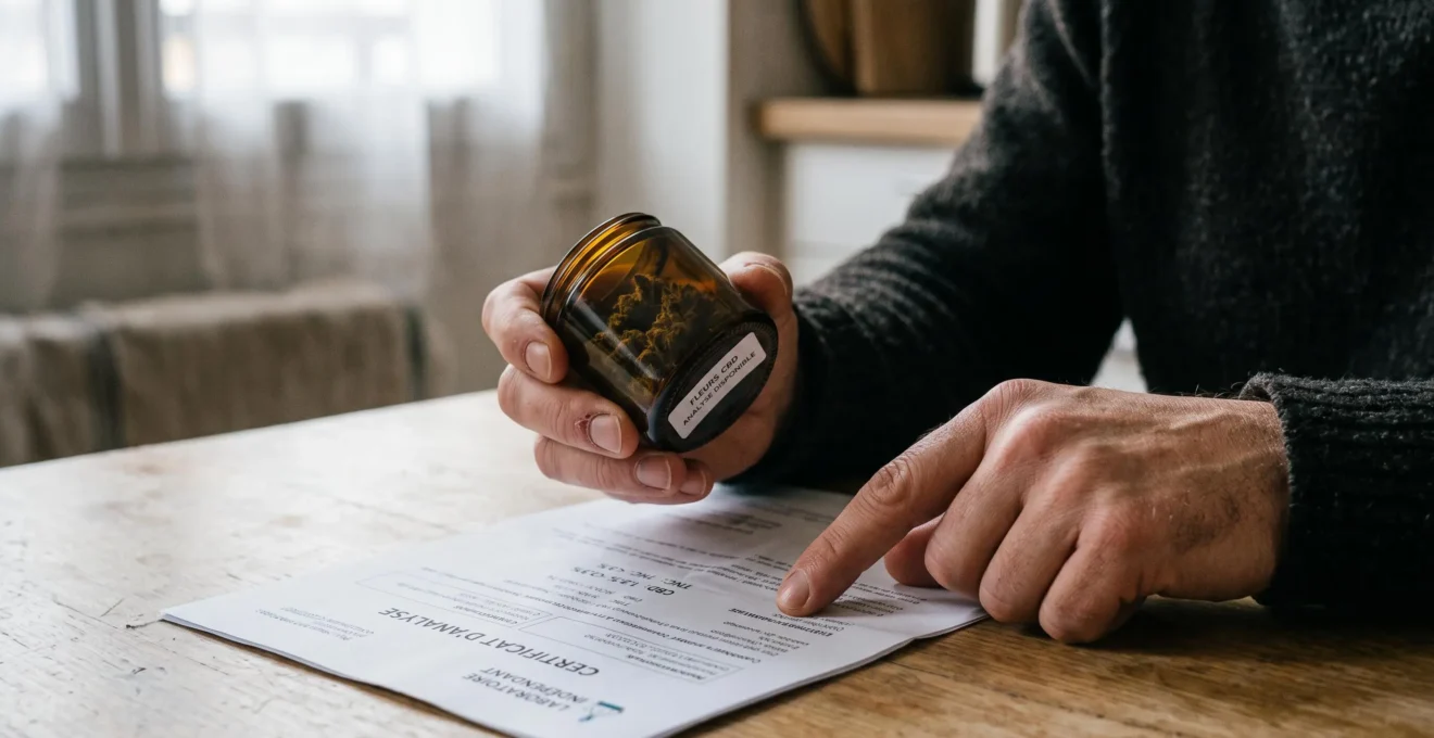 Un homme examine une fiole de CBD en verre et un certificat d'analyse posé sur une table de cuisine.