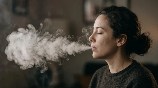 Vapoteur exhalant un nuage de vapeur epais et dense dans une lumiere douce, illustrant l'effet de la glycerine vegetale