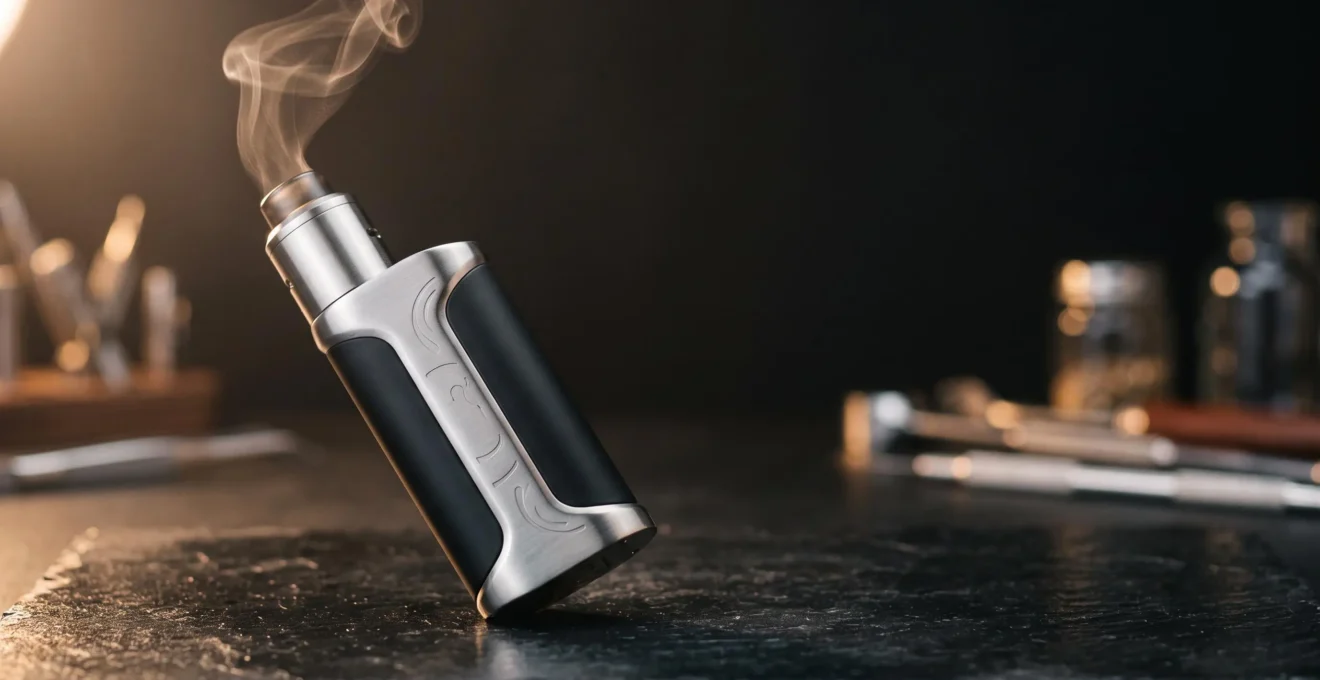 Mod de vape futuriste posé sur une surface minimaliste, symbolisant les innovations matérielles attendues en 2026