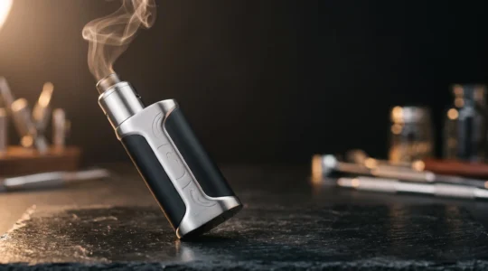 Mod de vape futuriste posé sur une surface minimaliste, symbolisant les innovations matérielles attendues en 2026