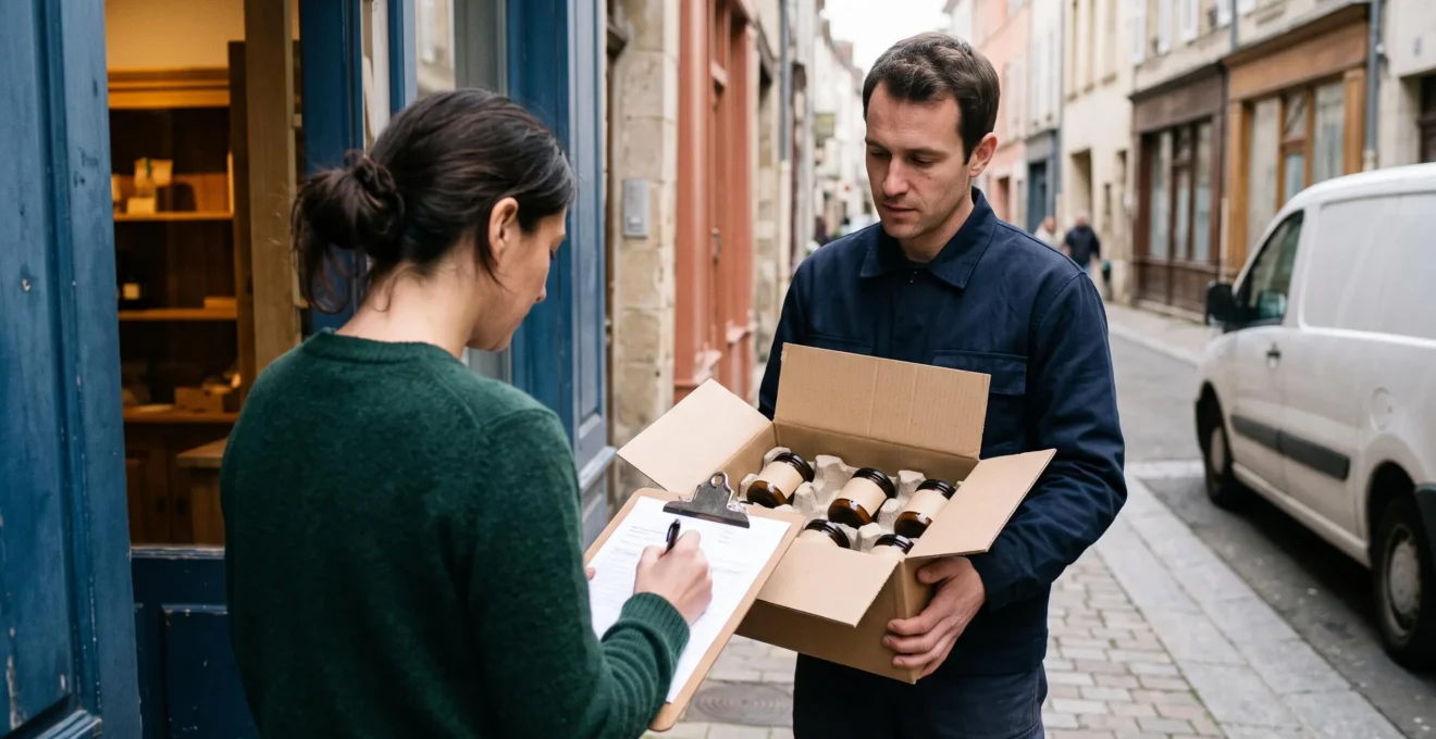 Un livreur remet une commande de produits CBD à une gérante qui vérifie le contenu d'un carton devant sa boutique.