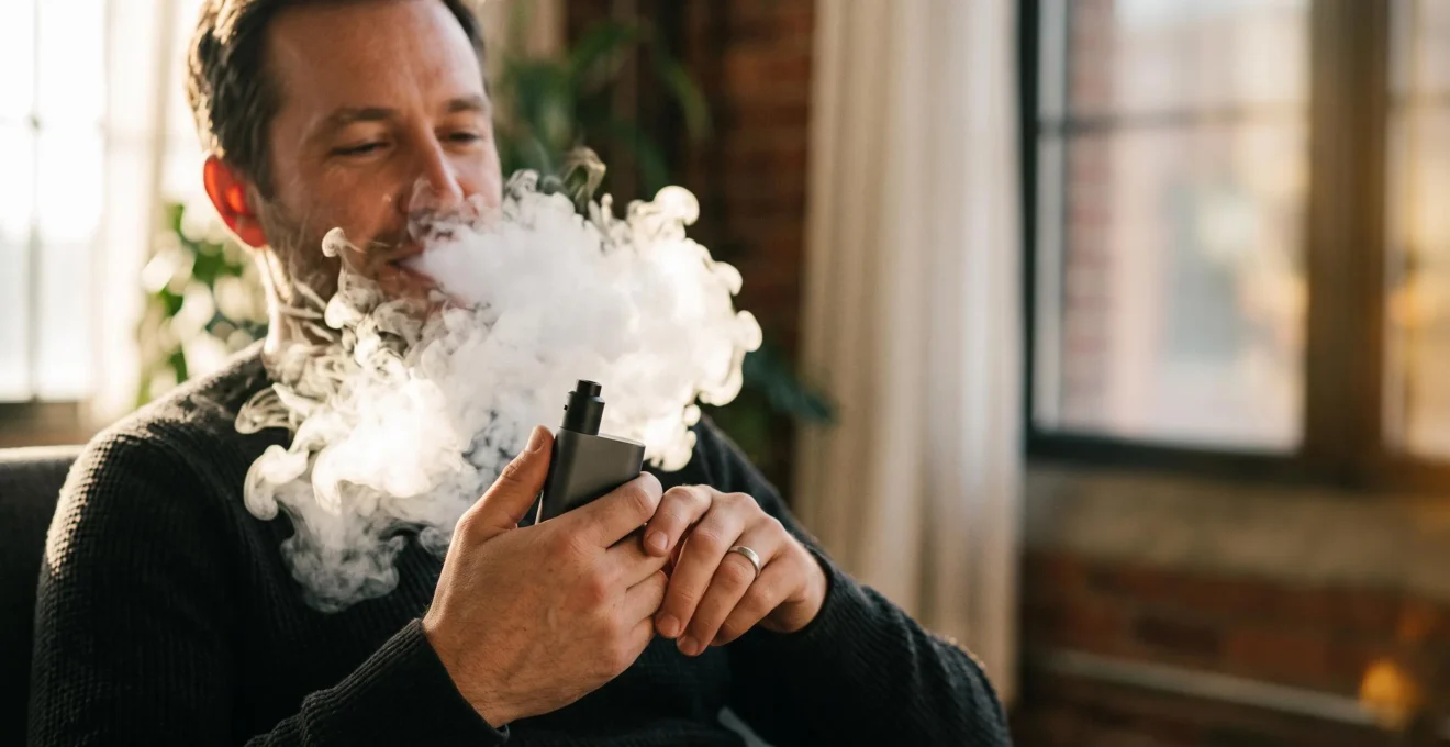 Kit de vapotage moderne posé sur une table en bois produisant un nuage de vapeur dense dans une lumière naturelle chaleureuse
