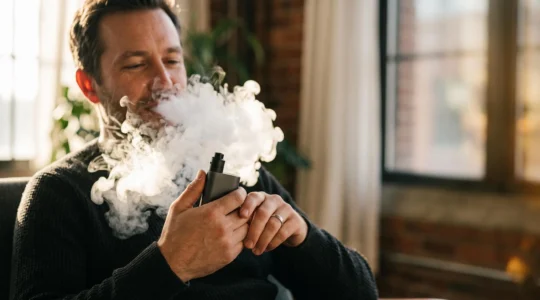 Kit de vapotage moderne posé sur une table en bois produisant un nuage de vapeur dense dans une lumière naturelle chaleureuse