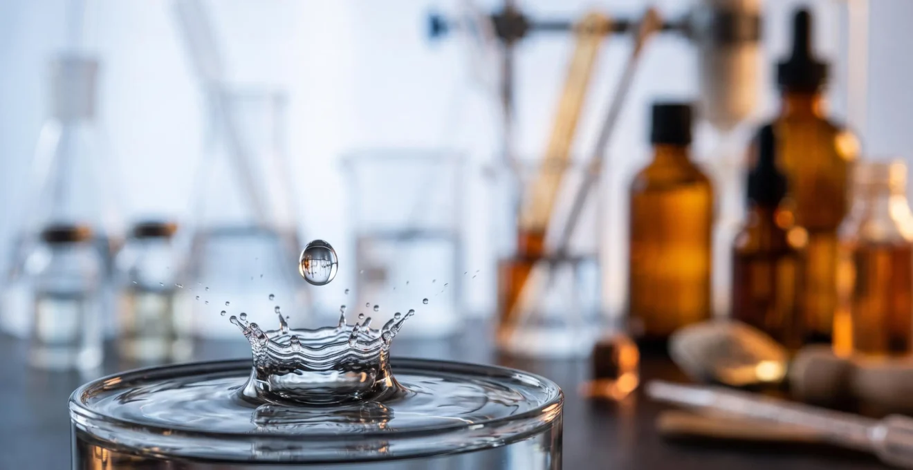 Gouttelette de liquide transparent en suspension évoquant la molécule de propylène glycol au cœur des e-liquides