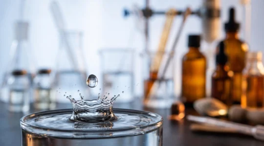 Gouttelette de liquide transparent en suspension évoquant la molécule de propylène glycol au cœur des e-liquides