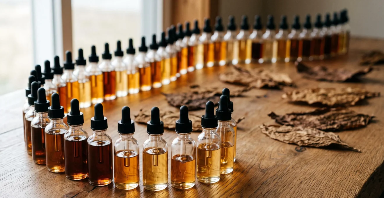 Assortiment élégant de flacons de e-liquide évoquant la diversité des arômes tabac à explorer pour trouver le bon profil de goût