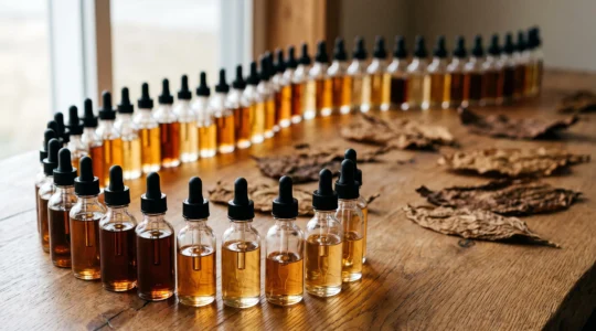 Assortiment élégant de flacons de e-liquide évoquant la diversité des arômes tabac à explorer pour trouver le bon profil de goût