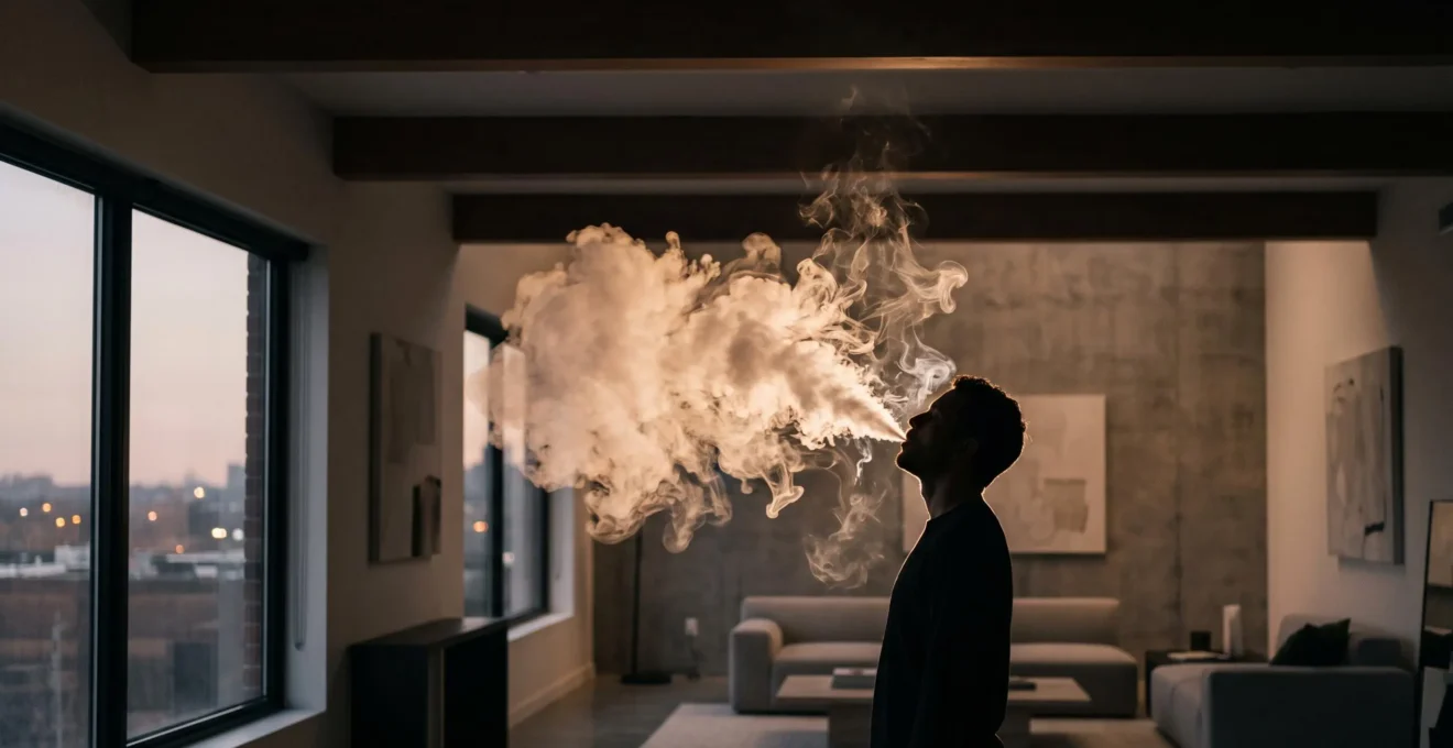 Épais nuage de vapeur blanche exhalé dans une lumière tamisée, illustrant la technique d'inhalation directe en vapotage