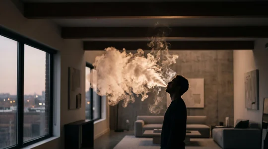 Épais nuage de vapeur blanche exhalé dans une lumière tamisée, illustrant la technique d'inhalation directe en vapotage